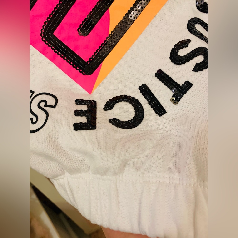 Girls size L 12-14 white cut off sleeve hoodie. Sweatshirt sporty bright graphic - Picture 11 of 12